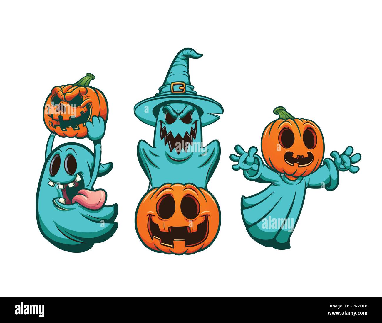 Set di fantasmi divertenti, zucca con dolci Illustrazione Vettoriale