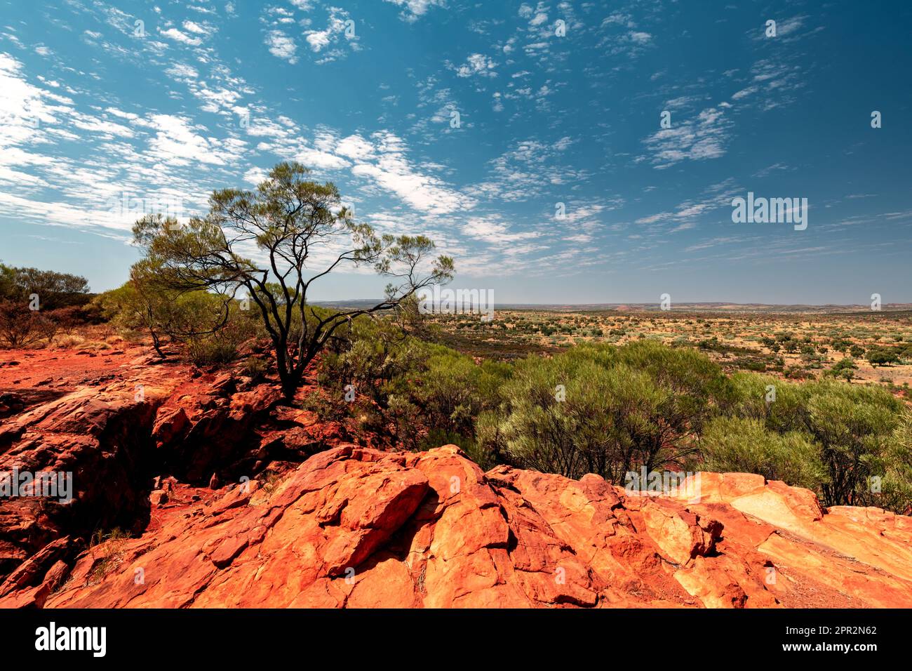 Vista dell'Outback da Middle Ranges nelle pianure desertiche. Foto Stock