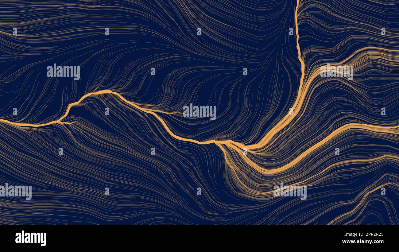 Blu scuro concetto astratto sfondo. Sfondo con moderne strisce beige. Strisce ondulate di colore beige su texture scura. Raggi luminosi al neon Foto Stock