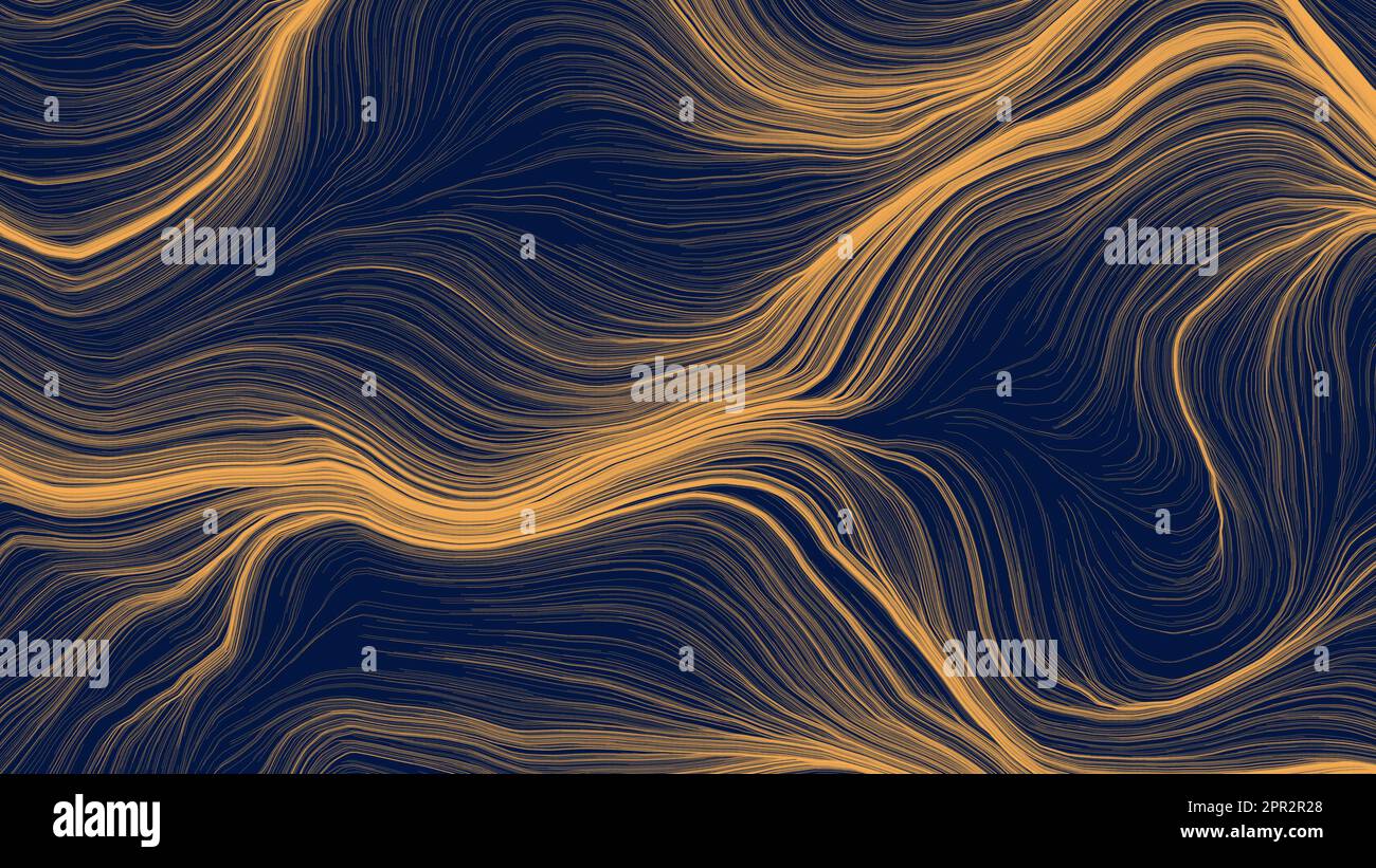 Blu scuro concetto astratto sfondo. Sfondo con moderne strisce beige. Strisce ondulate di colore beige su texture scura. Raggi luminosi al neon Foto Stock