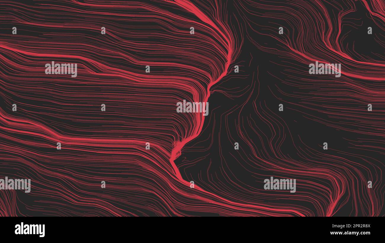 Sfondo concettuale astratto nero e rosso. Linee ondulate. Sfondo a righe moderne. Strisce ondulate colori nero e rosso su texture scura. Foto Stock