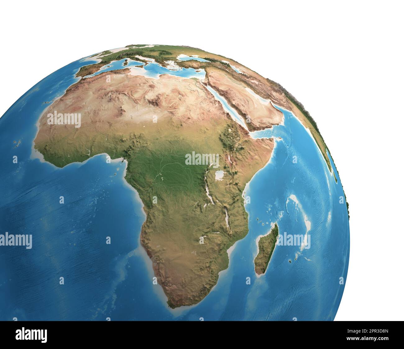 Vista satellitare ad alta risoluzione del pianeta Terra, focalizzata sull'Africa - illustrazione 3D, elementi di questa immagine forniti dalla NASA. Foto Stock