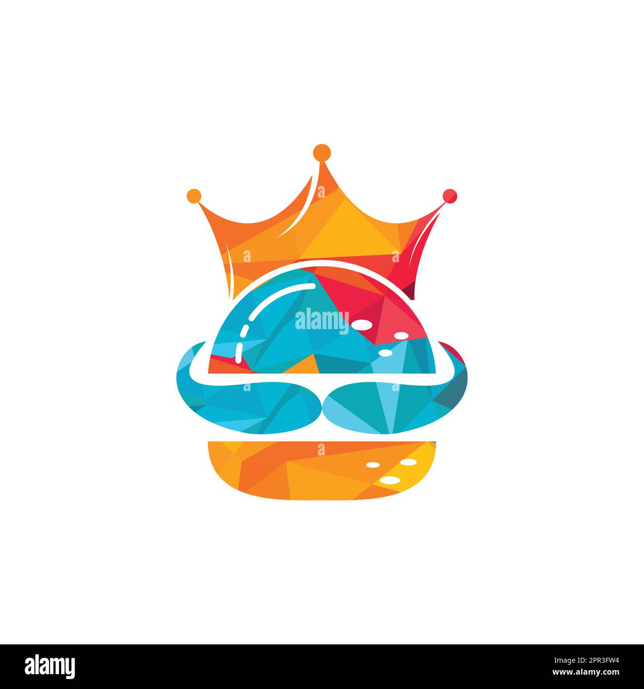 Burger King logo design vettoriale. Burger con logo con corona e baffi. Illustrazione Vettoriale