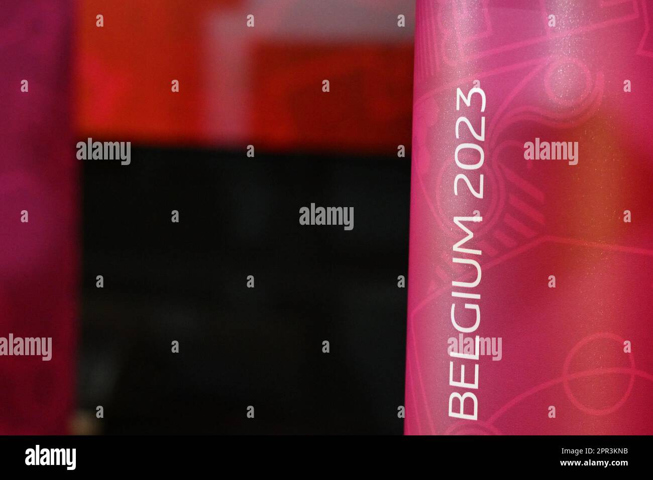 Tubize, Belgio - Aprile 26 : immagine illustrativa che mostra il nome del Belgio 2023 durante il torneo UEFA European Women’s Under-19 Championship 2022/23 Final Tournament Draw al Royal Belgian Football Associaton base Camp il 26 Aprile 2023 , a Tubize, Belgio. Foto di Sportpix | David Catry Foto Stock