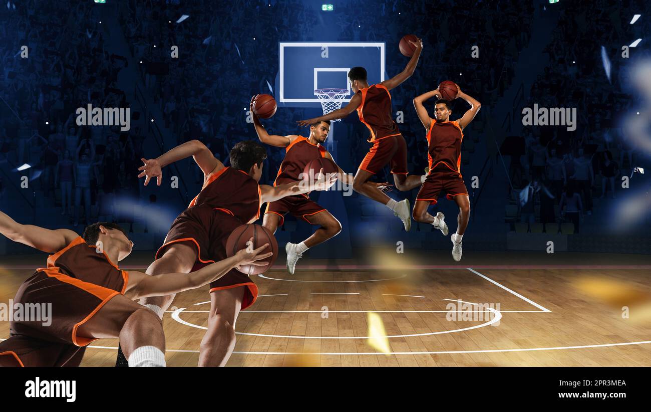 Collage creativo. Durante la competizione. Giocatore di basket maschile professionista in movimento durante il gioco, gettando il pallone nel cestino Foto Stock