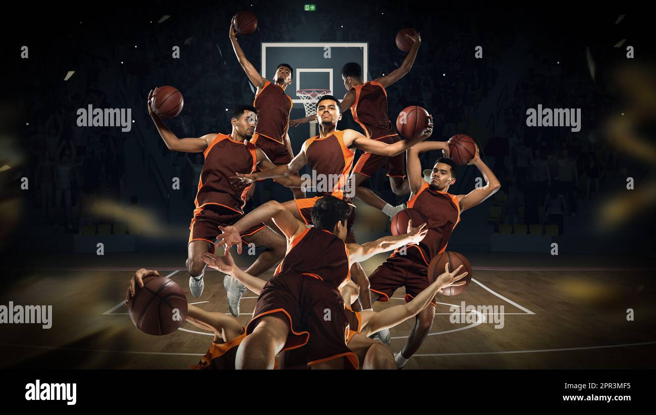 Collage creativo. Concorrenza. Giovane uomo, giocatore di basket professionista in movimento durante la partita, segnando il gol vincente Foto Stock