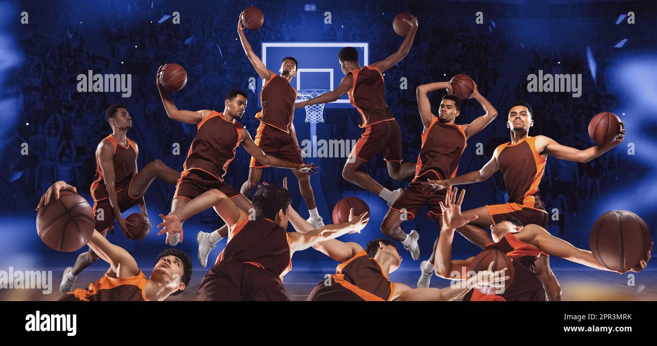 Collage creativo. Giocatori maschi di basket in movimento durante la partita allo stadio con tifosi, punteggio gol vincente, lancio di palla Foto Stock