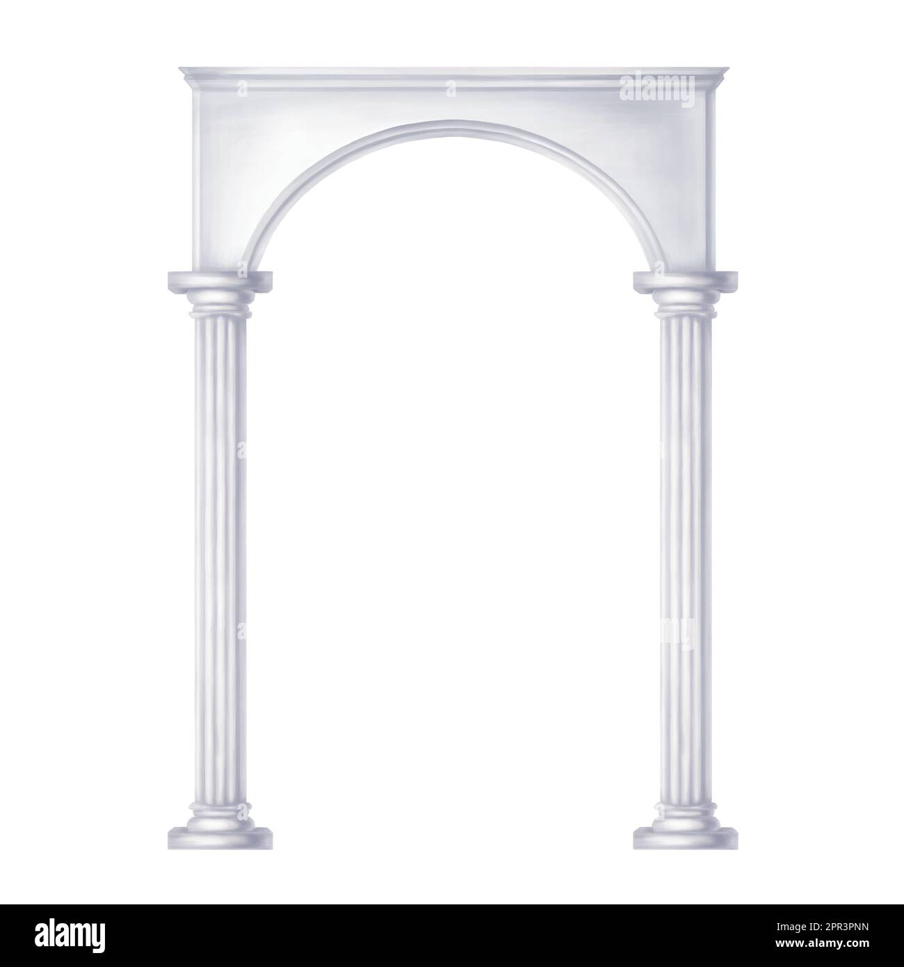 Classica colonna di marmo bianco antico in stile romano e rinascimentale. Illustrazione digitale su sfondo bianco. Scenario antico, parte dell'anfiteo Foto Stock