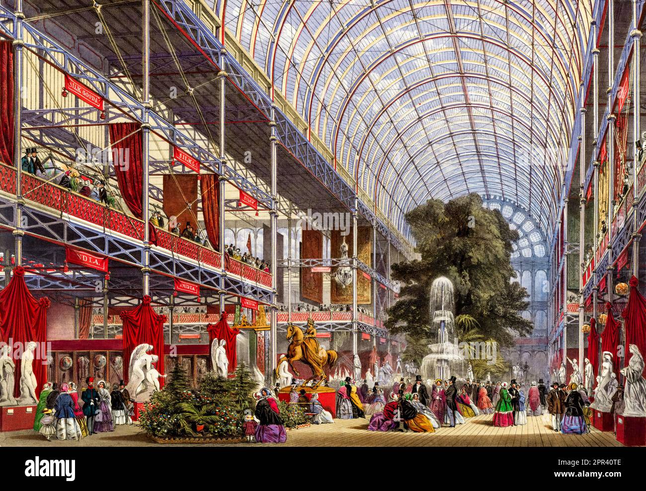 Il transetto della Grande Mostra 1851 all'interno del Crystal Palace, Londra, Inghilterra, illustrazione di Joseph Nash, 1854 Foto Stock
