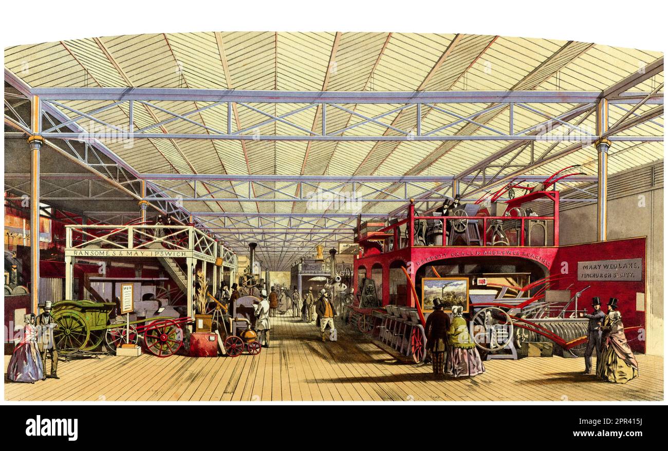 Mostra macchine agricole all'interno della Great Exhibition 1851 a Londra, Inghilterra, illustrazione di Louis Haghe, 1854 Foto Stock