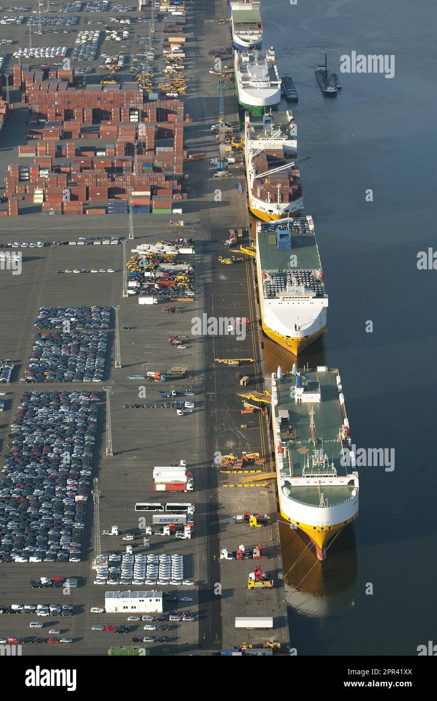 Terminal auto e terminal container al porto di Anversa, vista aerea, Belgio, Anversa Foto Stock