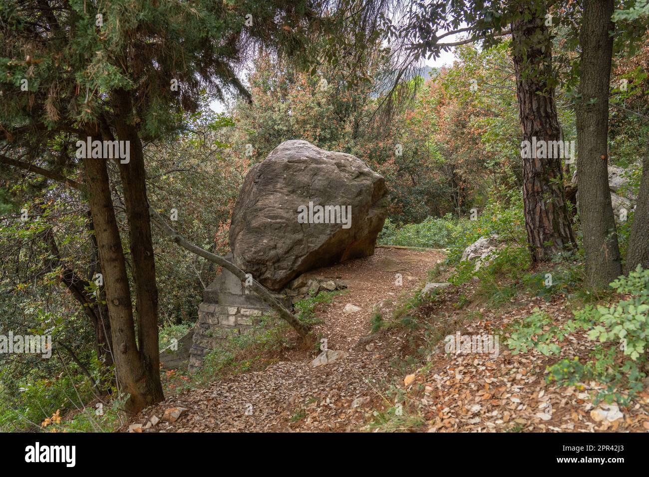 Boulder in un mistico luogo di incontro sulla salita da Sulzano a Monte Rodondone, Italia, Lombardia, Brescia, Sulzano Foto Stock