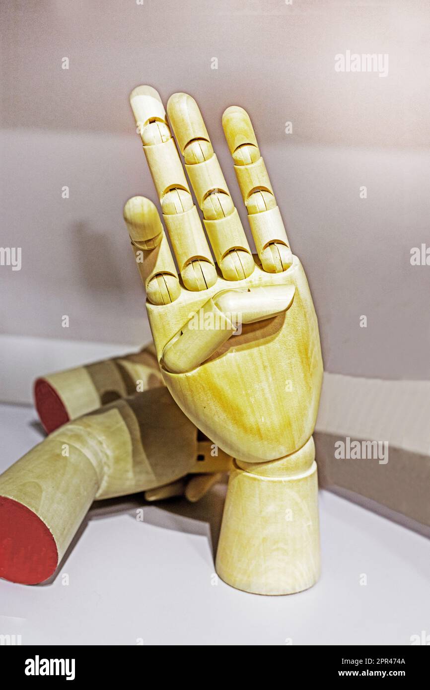 modello di una mano di legno con le dita per lo studio di futuri medici e artisti Foto Stock