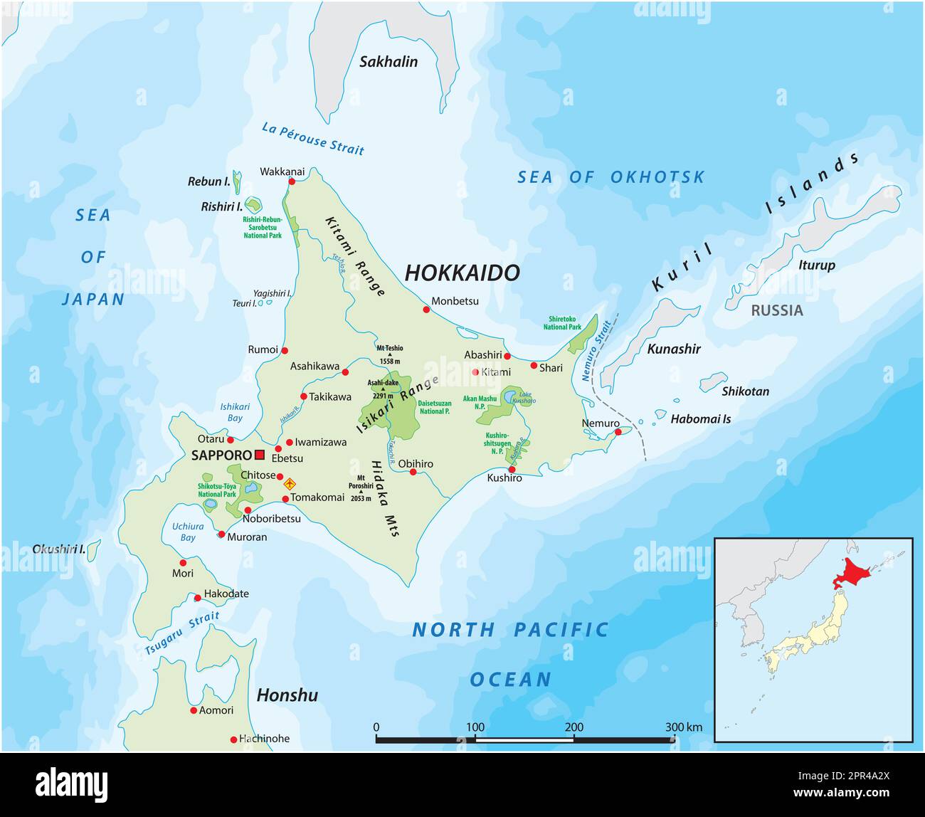 Mappa dell'isola giapponese di Hokkaido Illustrazione Vettoriale