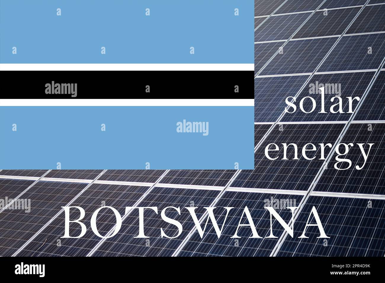 Pannelli a energia solare con sfondo bandiera Botswana. Concetto di risorse sostenibili e di energia rinnovabile motswana. Foto Stock
