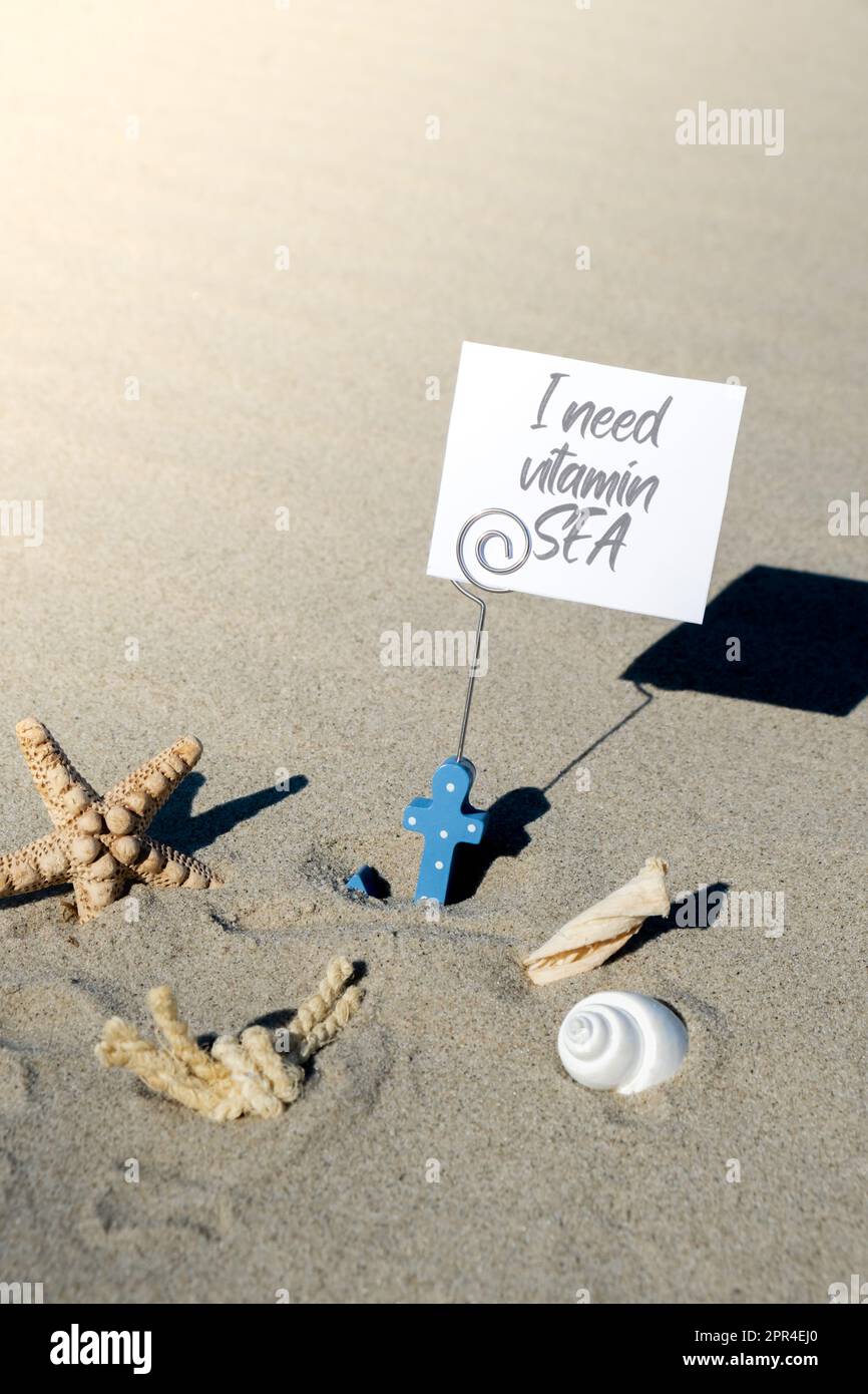 HO BISOGNO DI VITAMINA MARE testo su carta biglietto di auguri in ancora porta carta e stelle marine Seashell estate decorazione vacanza. Spiaggia di sabbia costa sole. Cartolina di concetto di festa. Un concetto di viaggio d'affari Foto Stock