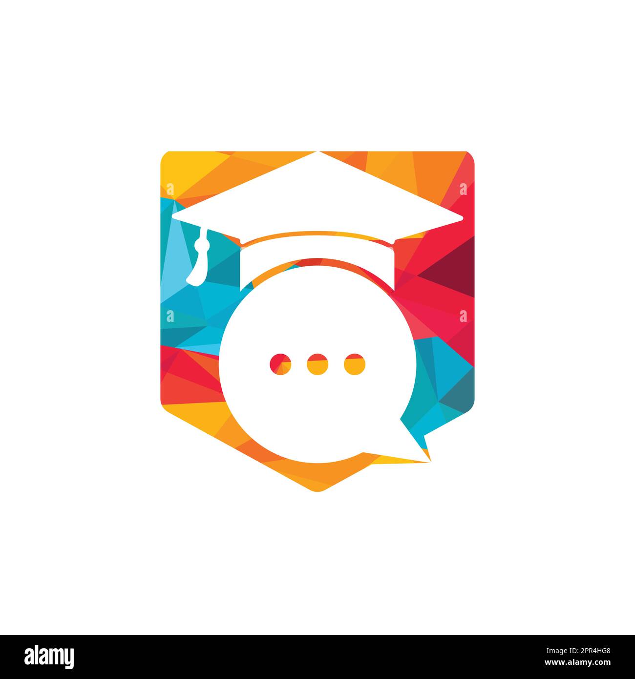 Modello di logo vettoriale della chat per studenti. Bolla di chat con un disegno icona del cappuccio di graduazione. Illustrazione Vettoriale