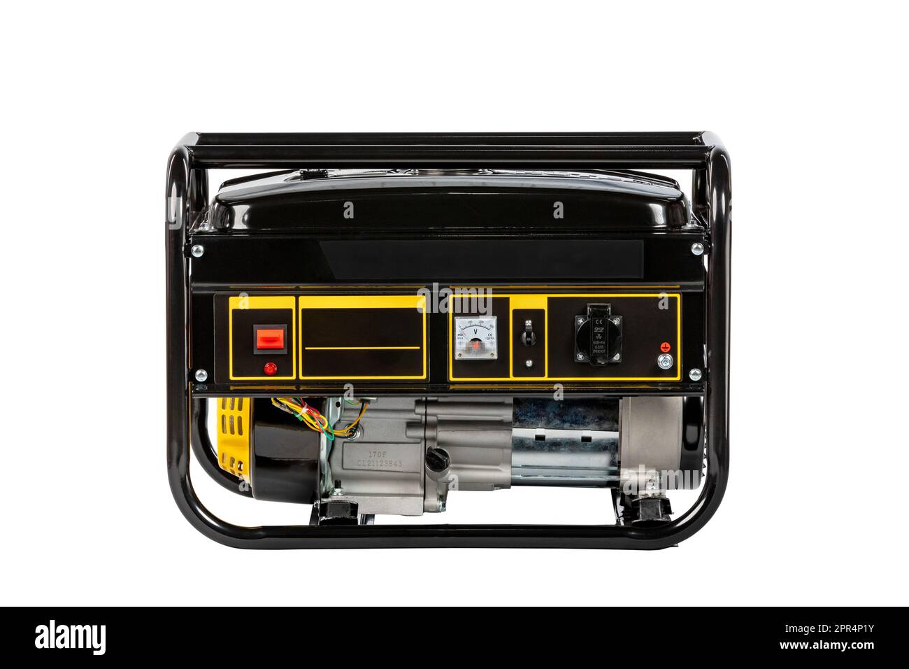Generatore elettrico nero portatile isolato su bianco per energia di riserva Foto Stock
