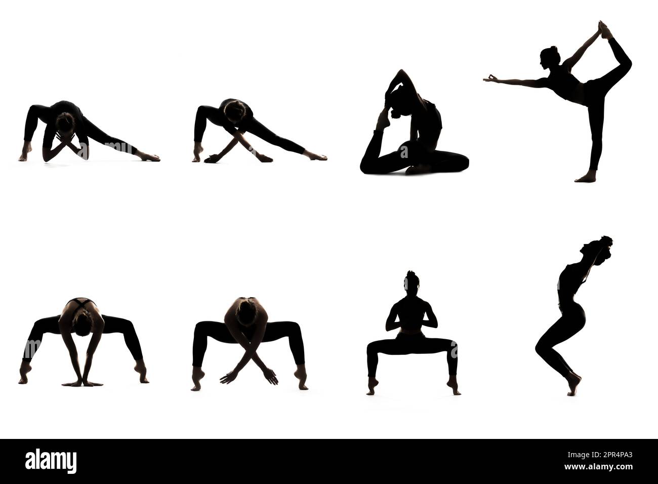 Donna che fa yoga asana poster. Silhouette da yoga. Lo yoga pone. Yoga fitness. Allungare le pose. Isolare. Foto Stock