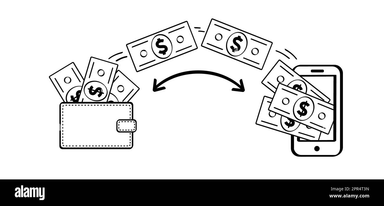 Portafoglio per telefono cellulare. Invio e ricezione di denaro, pagamenti. Pacchetto cartoon, carta moneta. Dollari, banconote o bollette. Fatture per contanti e currenc Foto Stock