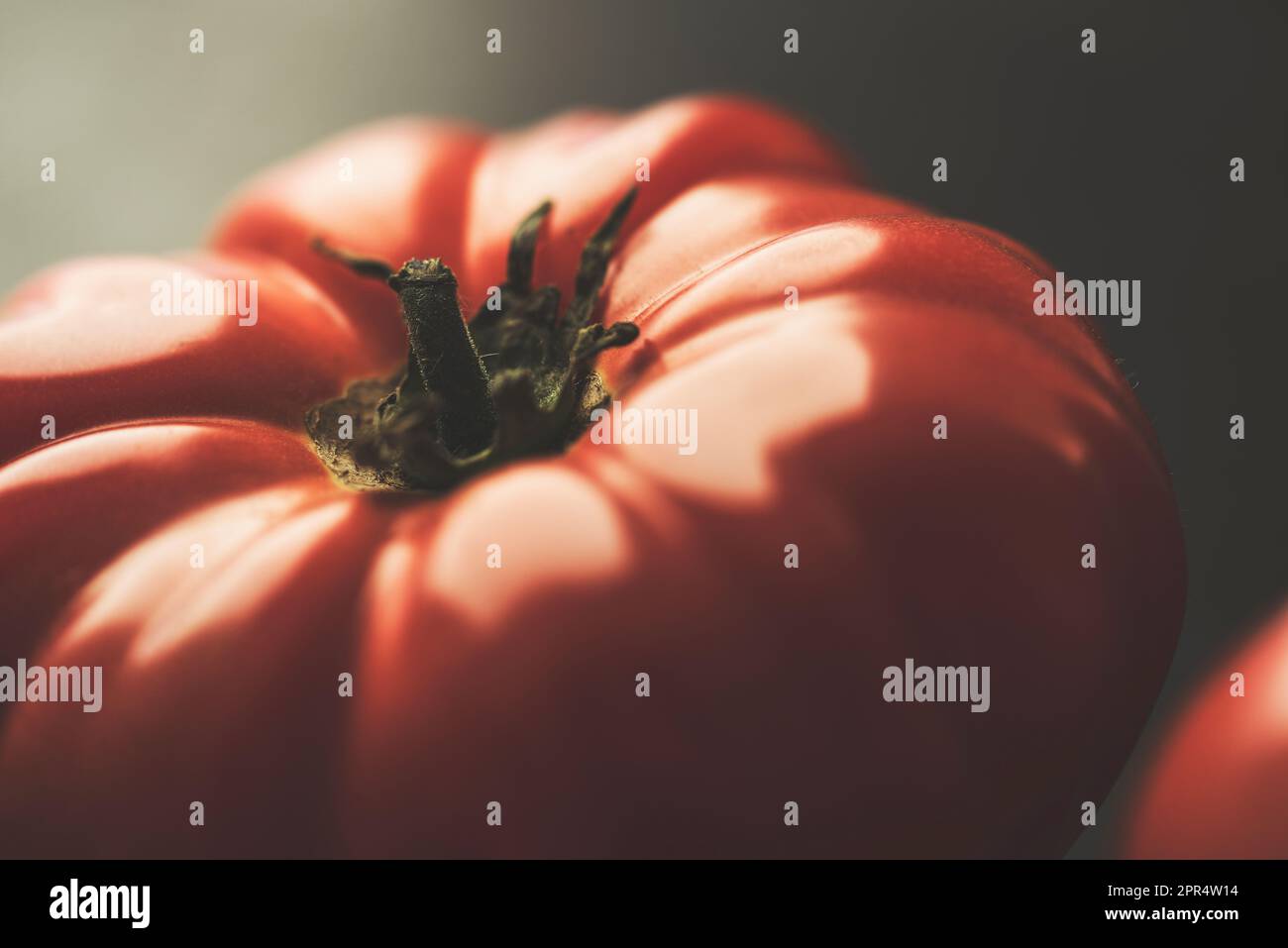Pomodori freschi biologici rossi sul countertop rustico in metallo nero cucina, primo piano shot Foto Stock