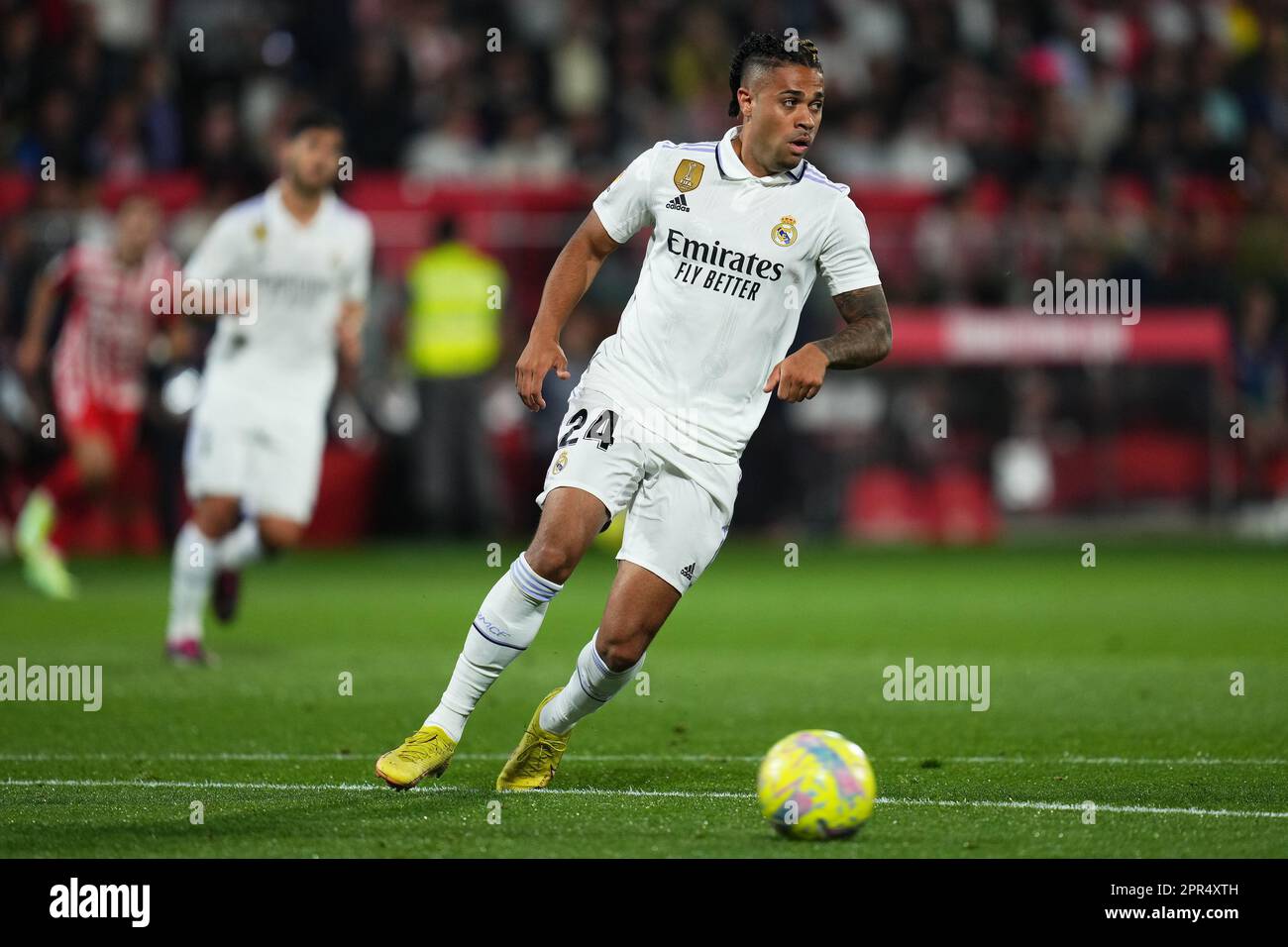 Mariano Diaz del Real Madrid durante la partita la Liga tra il Girona FC e il Real Madrid giocata allo stadio Montilivi il 25 aprile 2023 a Girona, Spagna. (Foto di Sergio Ruiz / PRESSIN) Foto Stock