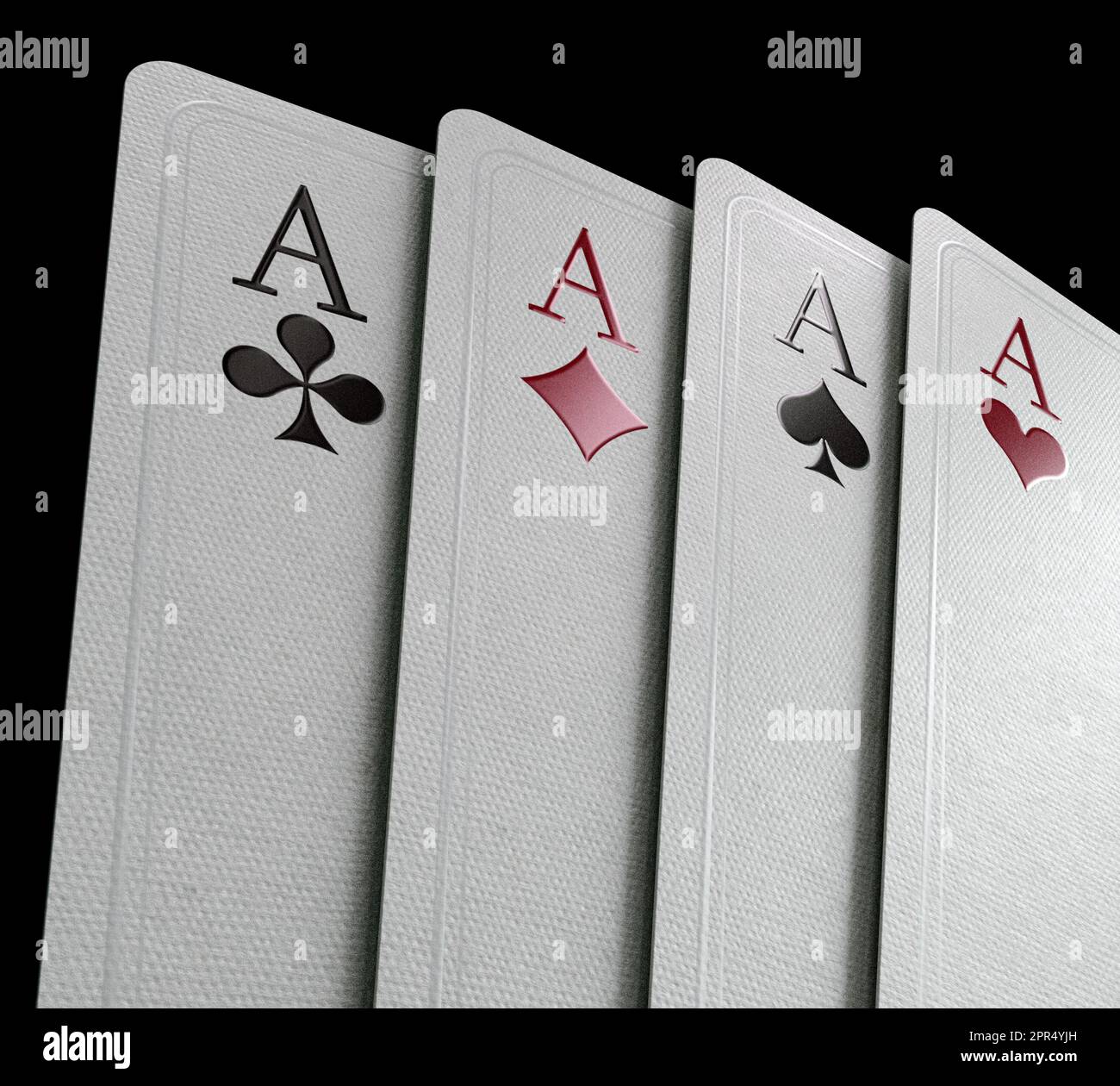 Un vestito a ventaglio di assi da casinò regolari carte da gioco con contrassegni su uno sfondo scuro di classe - rendering 3D Foto Stock