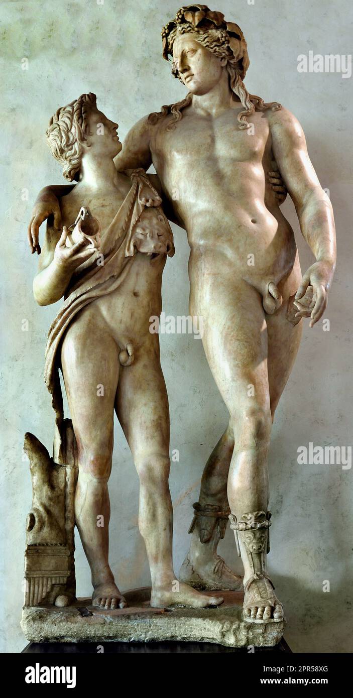 Bacco appoggiato su una Galleria degli Uffizi Satyr, 1581, fondatore: Francesco i de' Medici, Granduca di Toscana, Firenze, Italia, Bacco, Dioniso, Dioniso, religione greco-romana, natura dio, fecondità, vegetazione, conosciuta soprattutto come un dio del vino e dell'ecstasy. dio, vino, ecstasy, Foto Stock