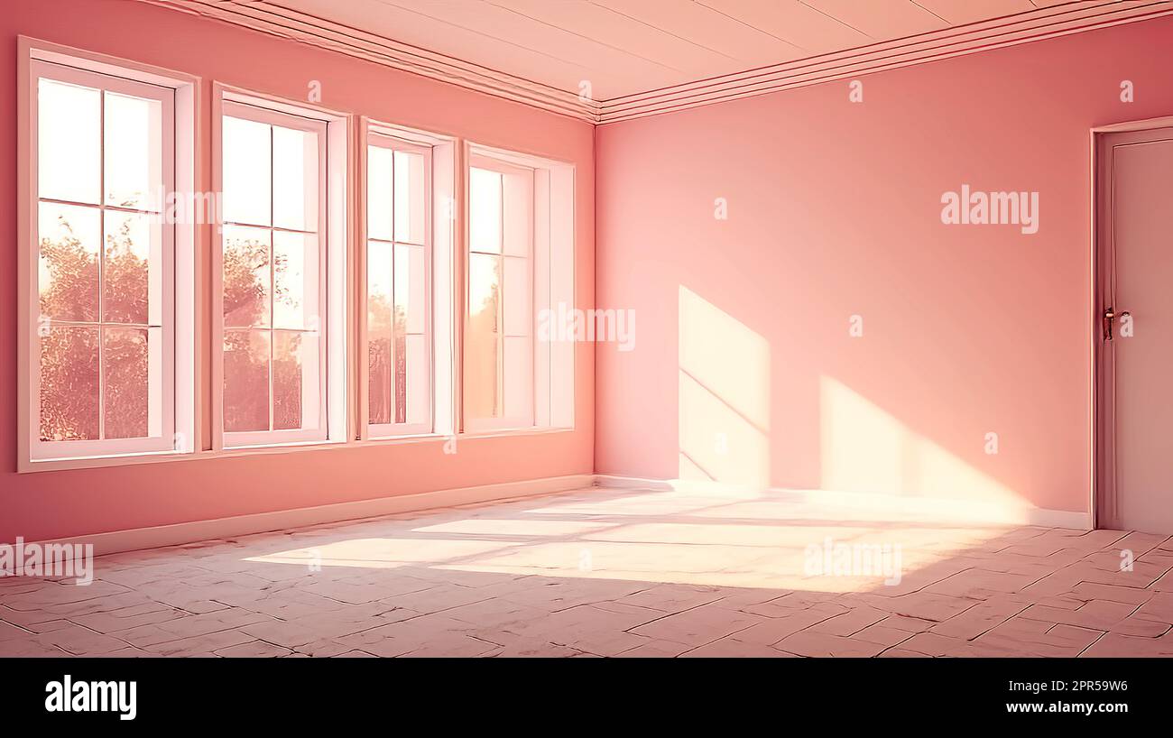 Camera spaziosa e realistica con ampie finestre. Camera vuota rosa. Interno Foto Stock