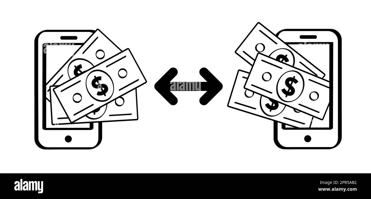 Portafoglio per telefono cellulare. Invio e ricezione di denaro, pagamenti. Pacchetto cartoon, carta moneta. Dollari, banconote o bollette. Fatture per contanti e currenc Foto Stock