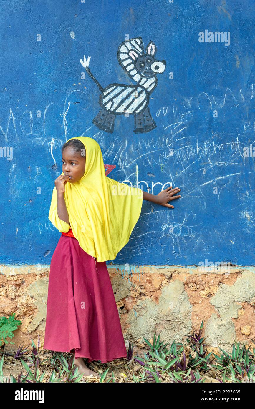 Ritratto di una bella bambina che indossa hijab a scuola, Kidoti, Zanzibar, Tanzania Foto Stock