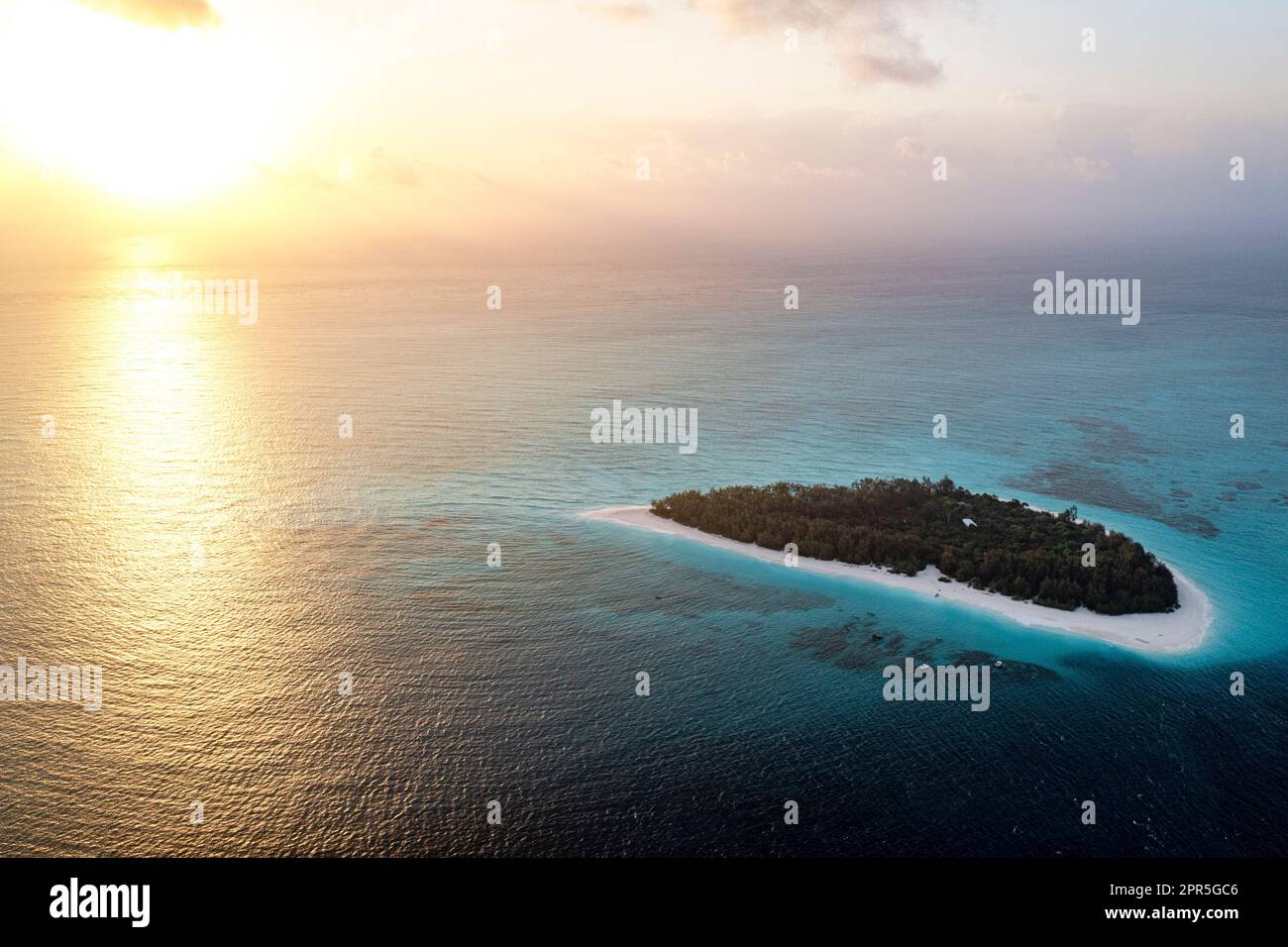 Alba su una piccola isola esotica nel mezzo dell'oceano, vista aerea, Mnemba Island, Zanzibar, Tanzania Foto Stock