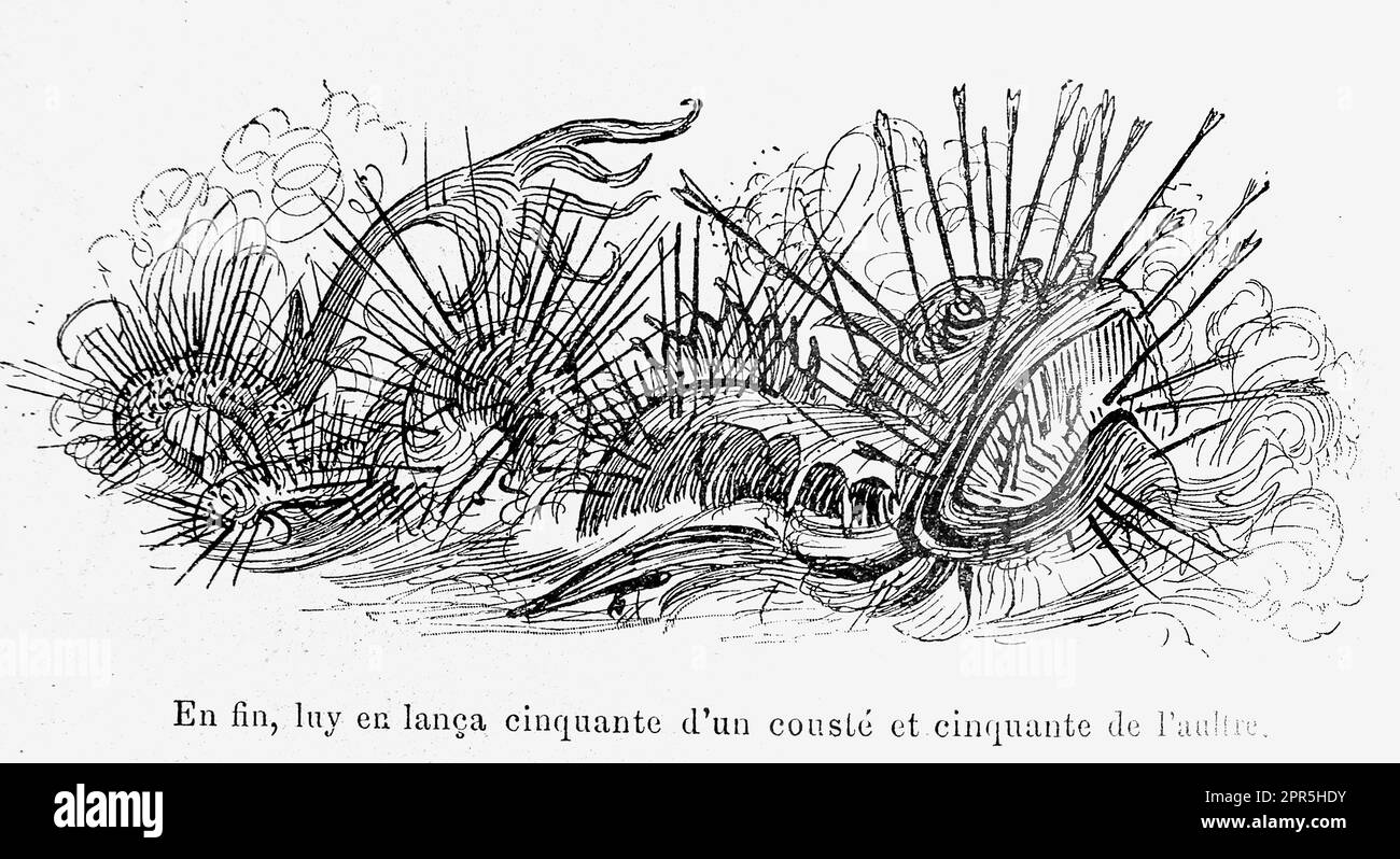 Albert Robida - Physeterum trafitto con frecce - 1886 - (physetère percé de flèches) - Pesce trafitto con frecce Foto Stock