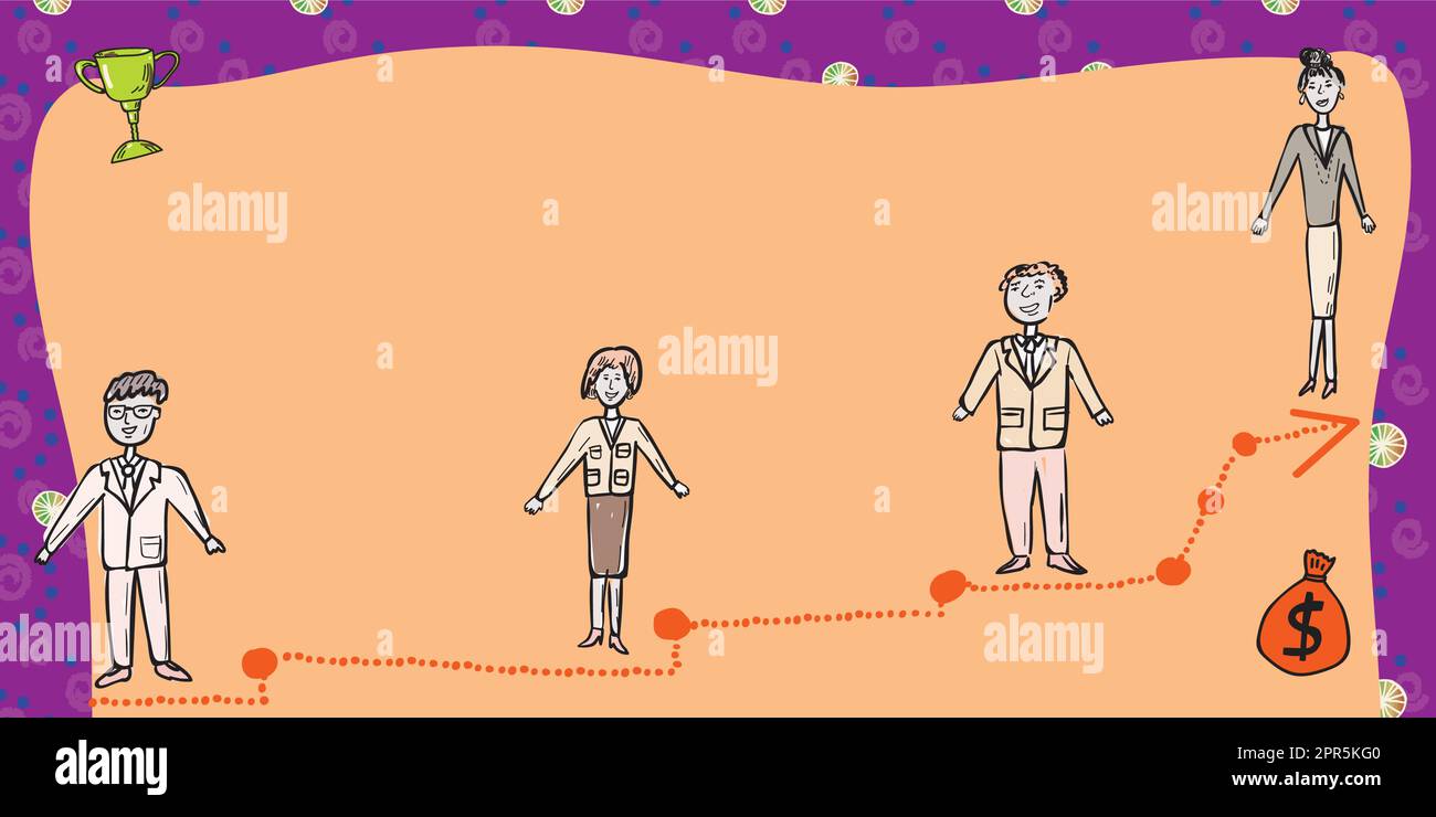 Business Team in piedi sulla scala per il successo con Trophy e Money Bag sui lati. Uomini d'affari e donne d'affari che presentano un importante messaggio per lo sviluppo. Illustrazione Vettoriale