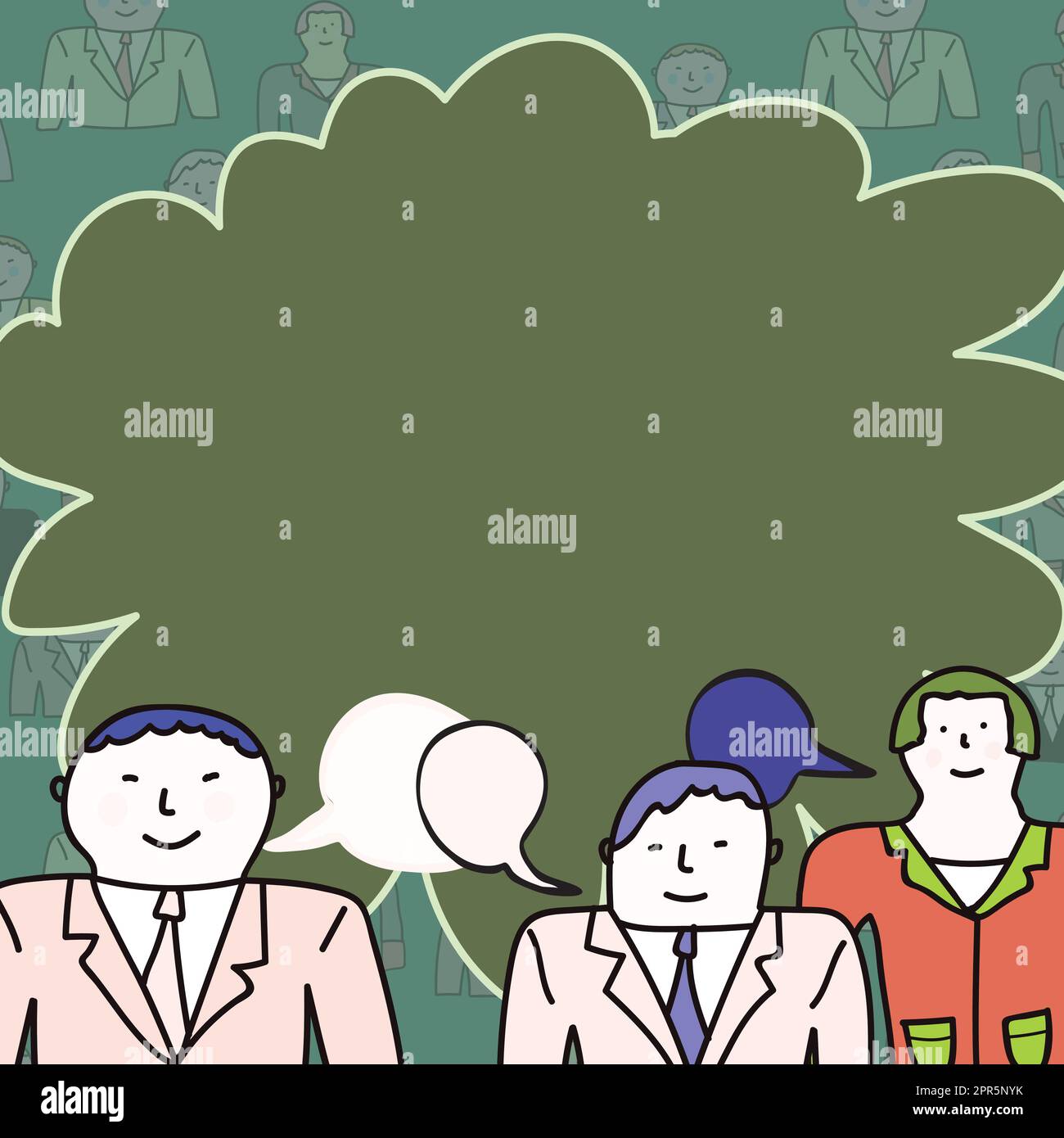 Uomini d'affari che comunicano e brainstorming in riunione. Tre colleghi discutono di notizie importanti. Manager consegna di nuove idee brillanti ai colleghi. Illustrazione Vettoriale