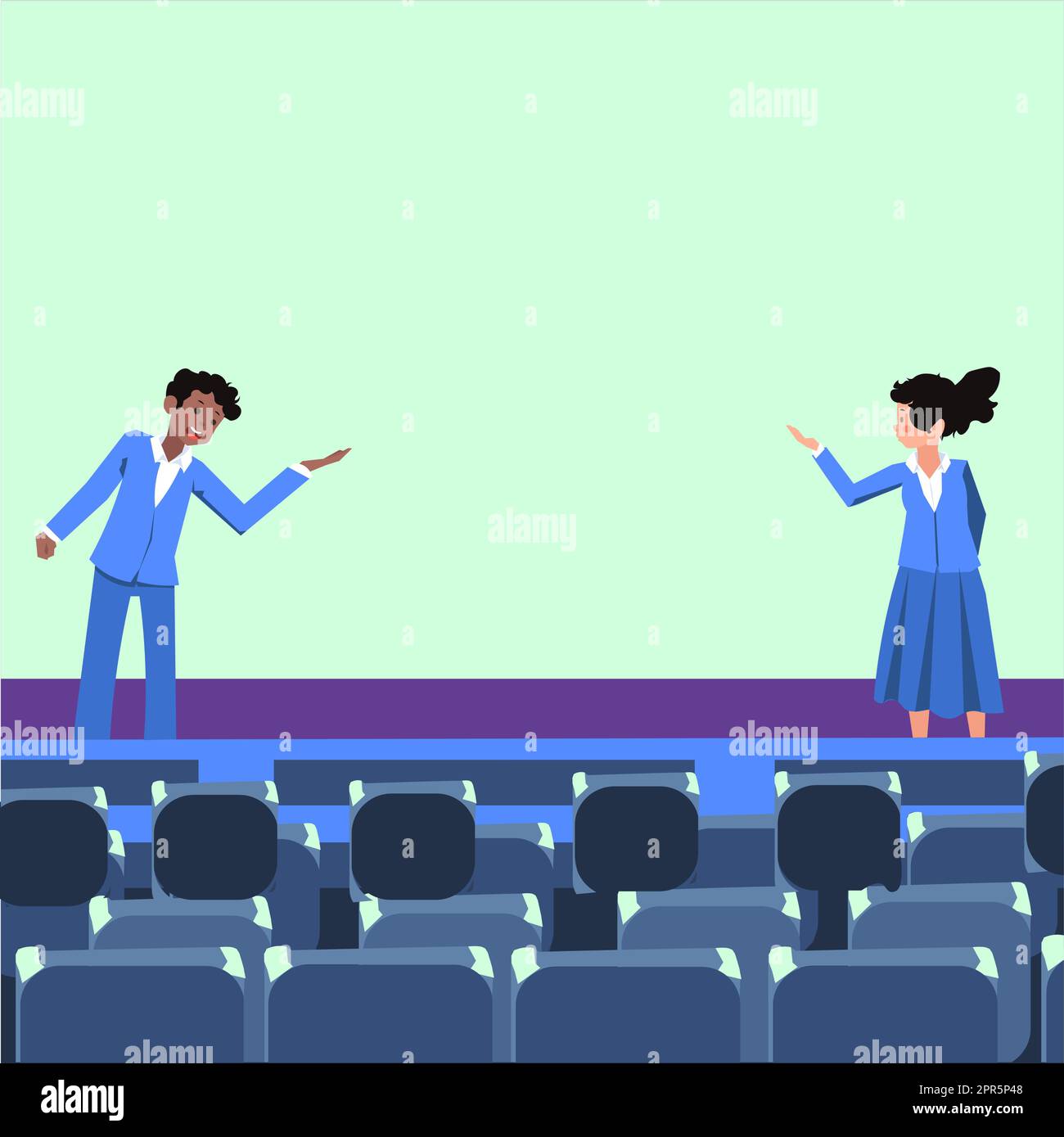 I leader aziendali professionisti che indossano abiti formali parlano. Modello di ruolo colleghi fase di orientamento di pubblico parlare. Fase di dibattito maschile e femminile. Illustrazione Vettoriale