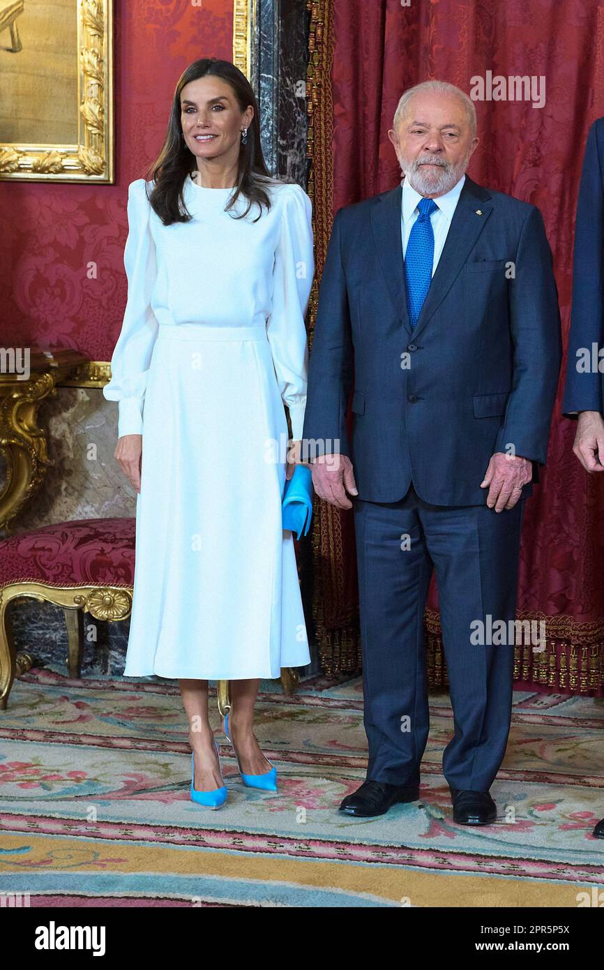 Madrid, Spagna. 26th Apr, 2023. Regina Letizia di Spagna, Luiz Inacio Lula da Silva, Presidente della Repubblica Federativa del Brasile, partecipa a un pranzo con il Presidente della Repubblica Federativa del Brasile e la First Lady al Palazzo reale di Madrid (Foto di Atilano Garcia/SOPA Images/Sipa USA) Credit: Sipa USA/Alamy Live News Foto Stock