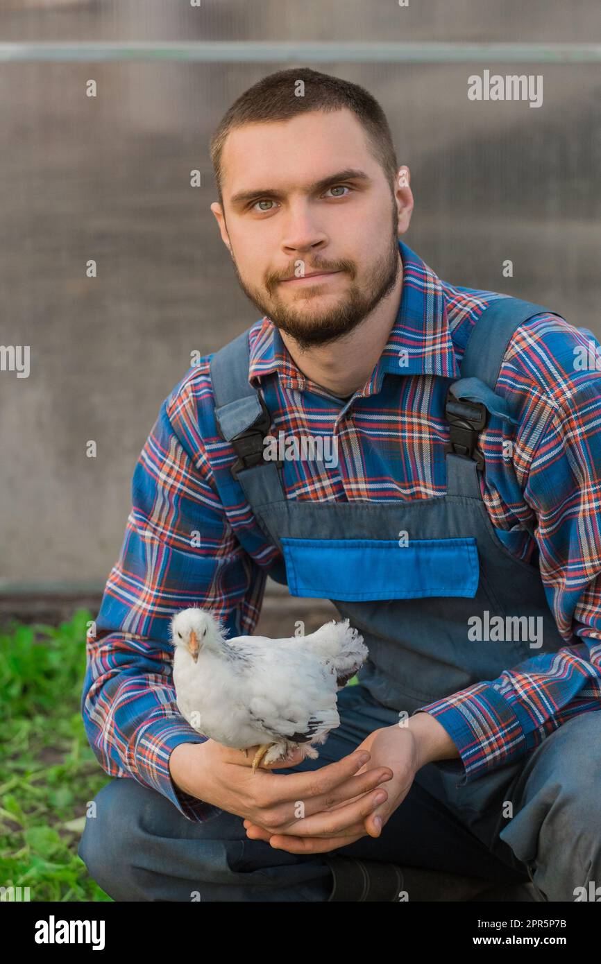 Un coltivatore maschile soddisfatto un ritratto rurale di aspetto caucasico in una camicia e tute tiene un pollo brama bianco nelle sue mani. Foto Stock