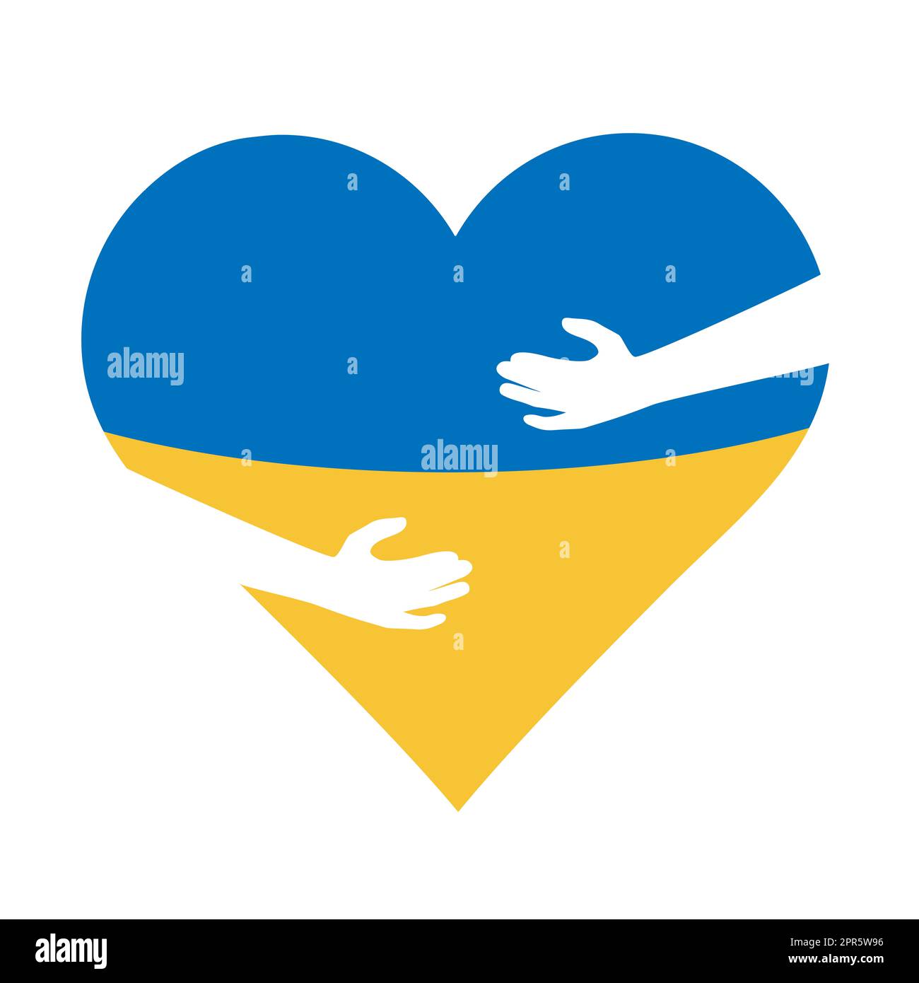 Le mani abbracciano la forma del cuore blu giallo. Colori del disegno dell'icona della bandiera Ucraina. Nessuna guerra, prega per l'Ucraina. Illustrazione vettoriale Foto Stock