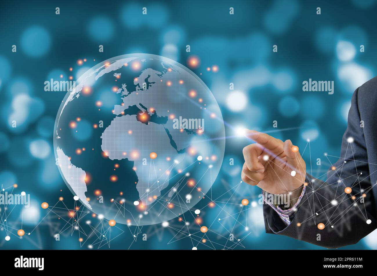 Comunicazione digitale e tecnologia virtuale concetto WEB 3,0.hand touch globo internet.Business concetto metaverse. Foto Stock