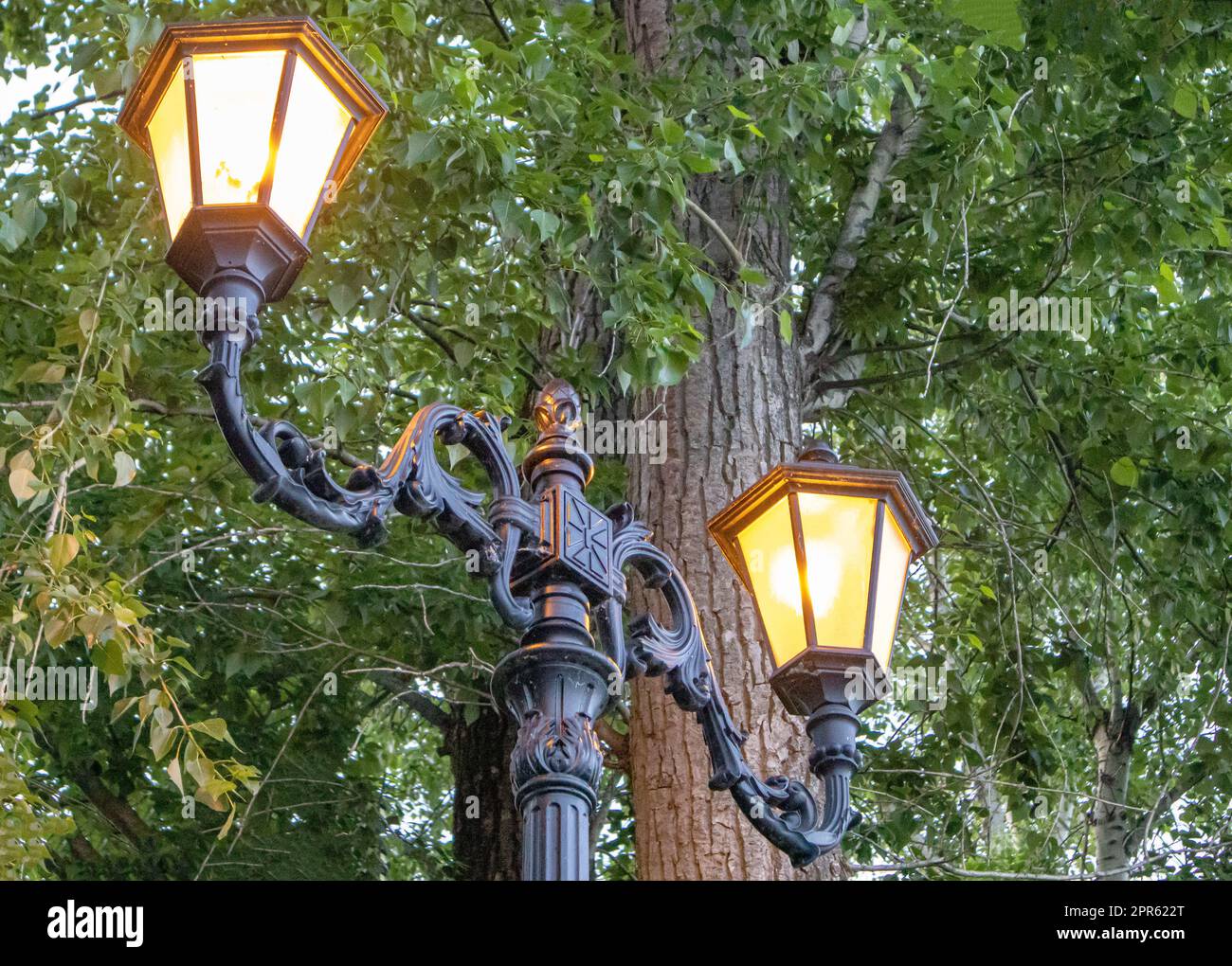 Due bellissime lanterne d'epoca per l'illuminazione stradale su un palo rétro in ferro battuto su uno sfondo di alberi verdi si trovano nel parco in primavera, all'aperto, di sera Foto Stock