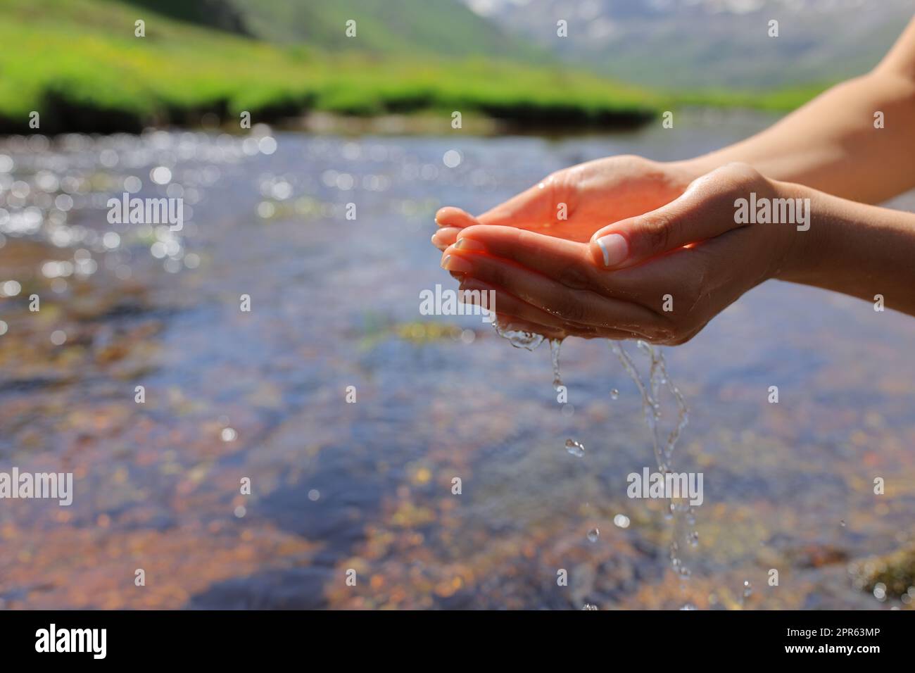 Le mani di una donna sborrata catturano l'acqua in un fiume Foto Stock