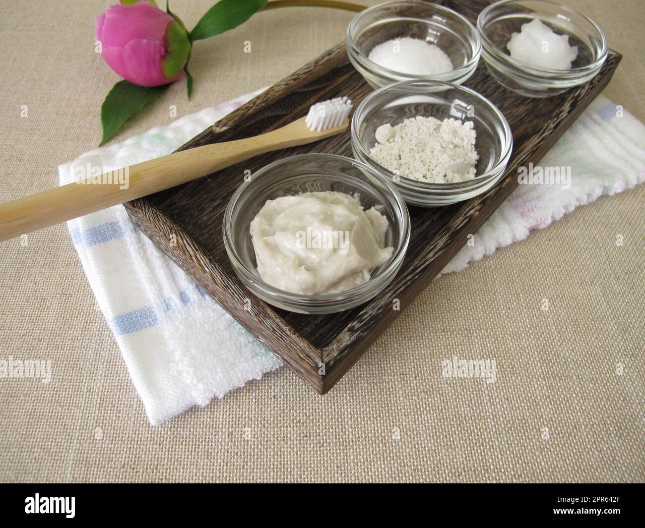 Dentifricio fatto in casa da tre ingredienti con olio di cocco, xilitolo e gesso in polvere Foto Stock