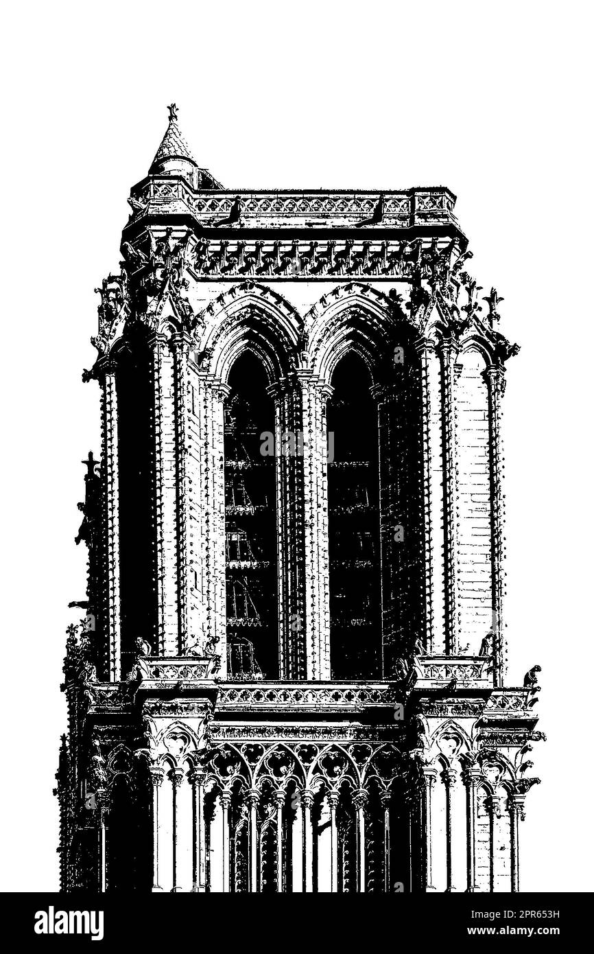 Esterno torre vista della famosa chiesa di notre dame isolato grafico Foto Stock