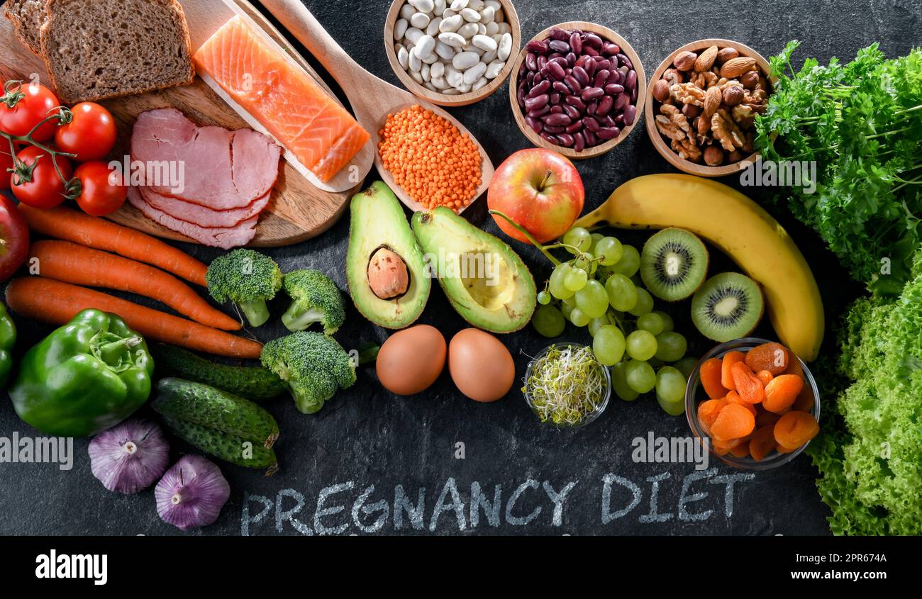 Prodotti alimentari consigliati per la gravidanza. Dieta sana Foto Stock
