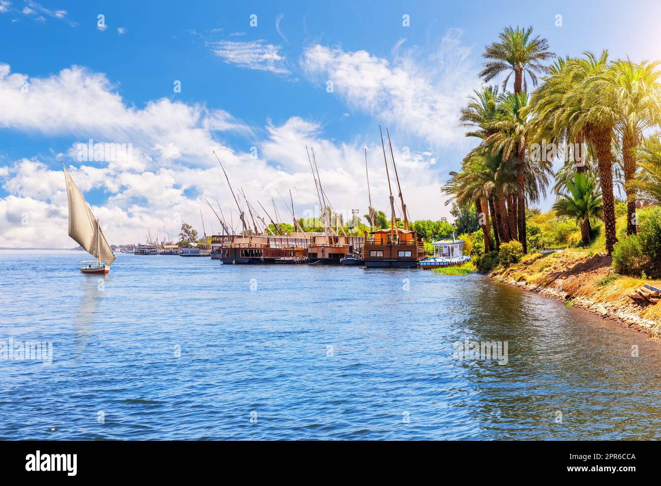 Paesaggio crociera sul Nilo, riva del fiume vicino a Luxor, Alto Egitto Foto Stock