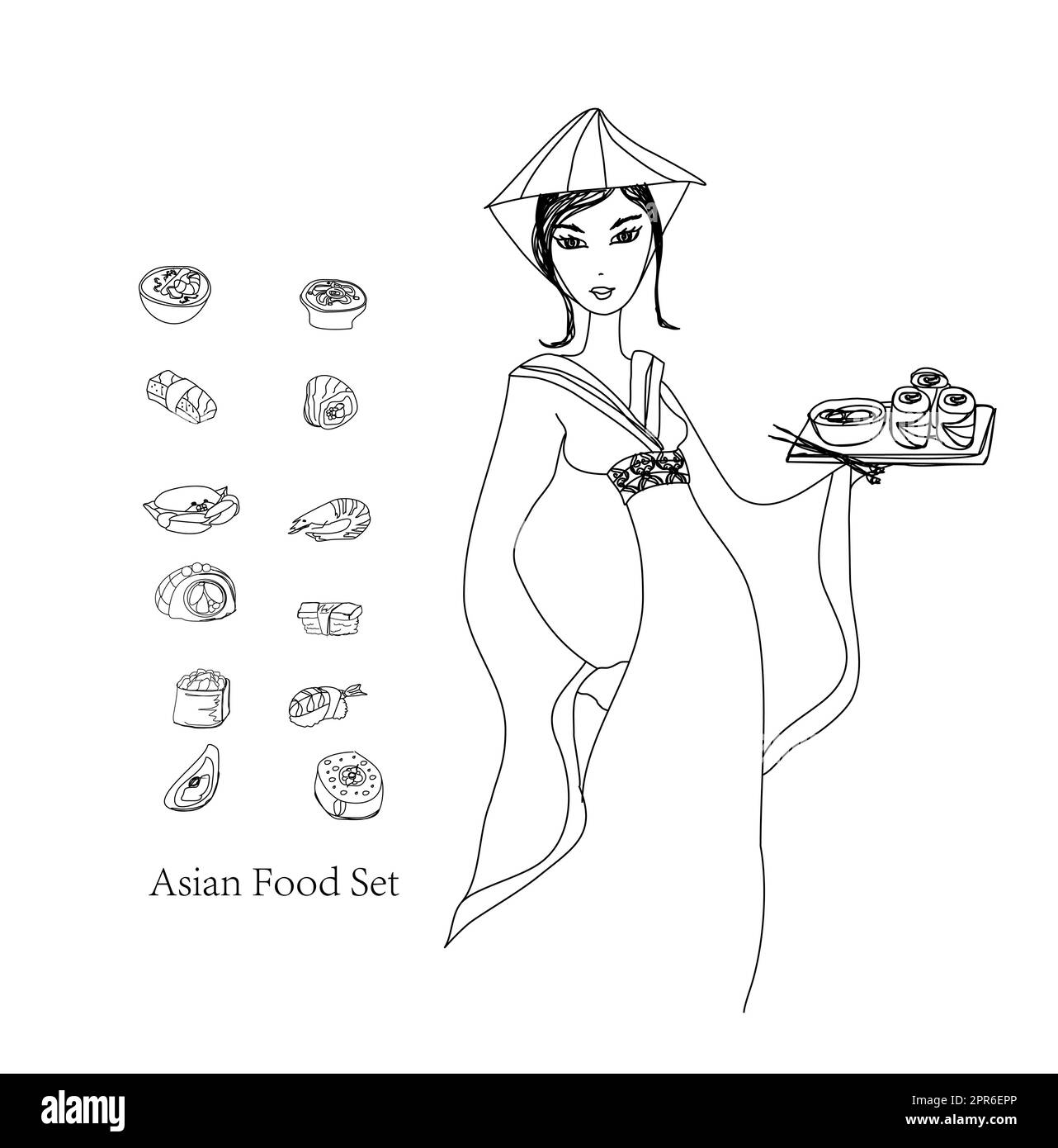 Bella ragazza asiatica godere di sushi - doodle illustrazione Foto Stock