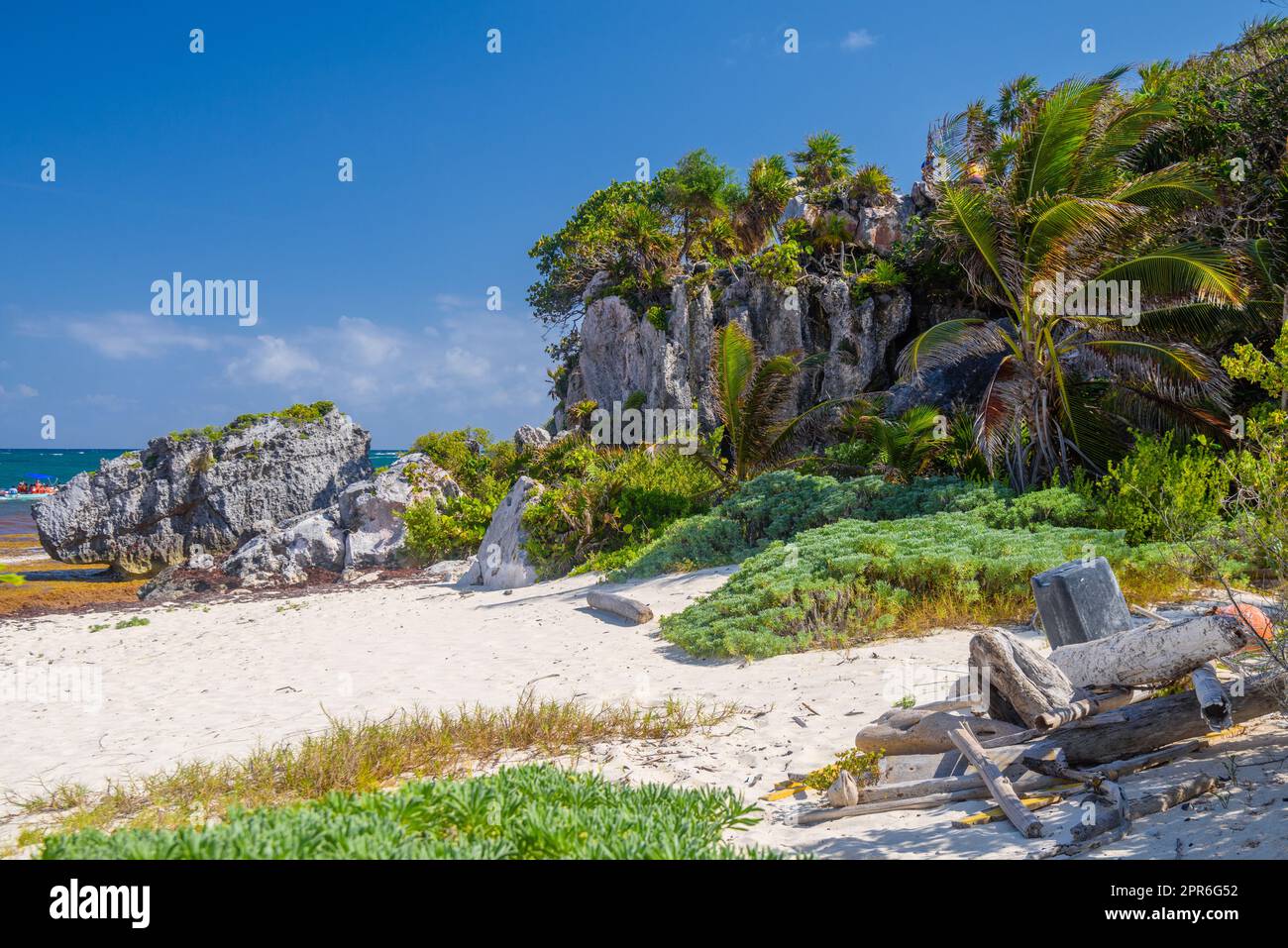 Spiaggia di sabbia bianca con palme, tempio del dio discendente, rovine Maya a Tulum, Riviera Maya, Yucatan, Mar dei Caraibi, Messico Foto Stock