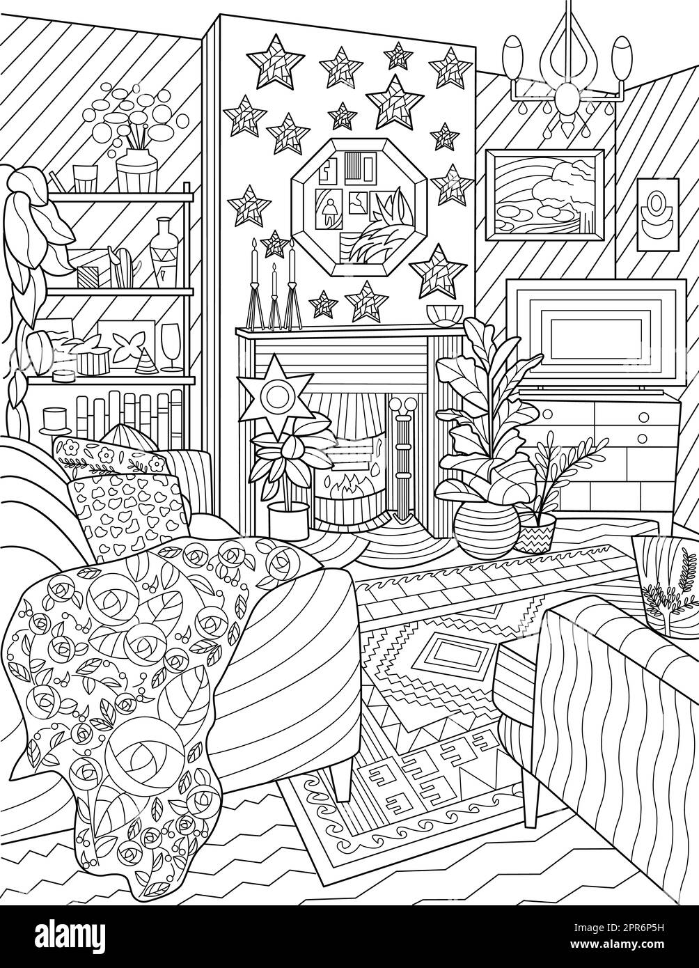 Soggiorno Doodle Set divano TV cassetto Camino linea incolore disegno. Foto Stock
