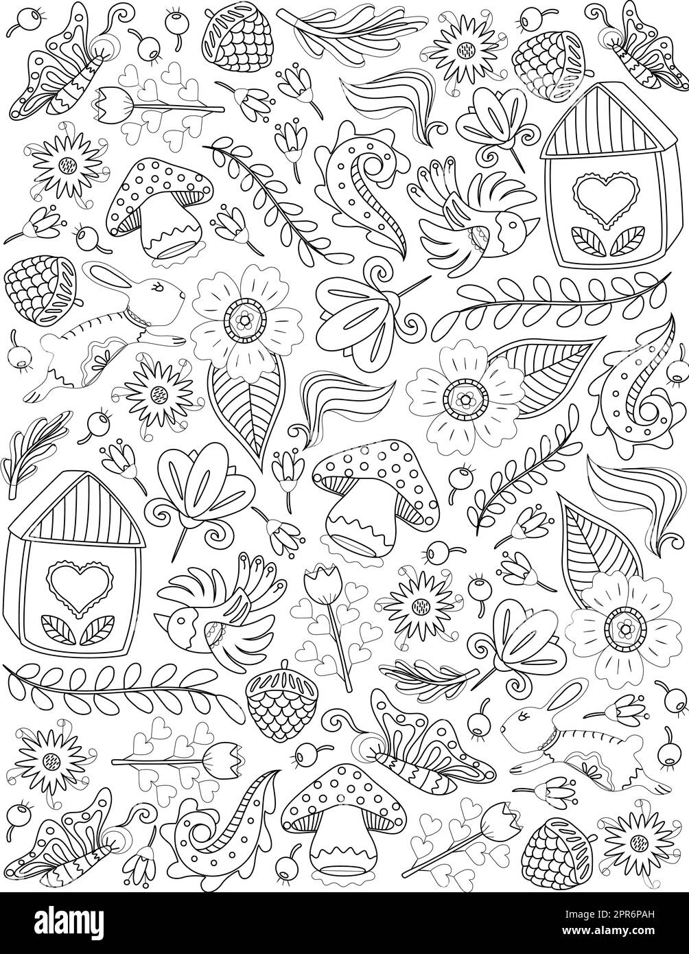 Natura Doodle piante Fiori animali frutta foglie incolore linea disegno. Foto Stock
